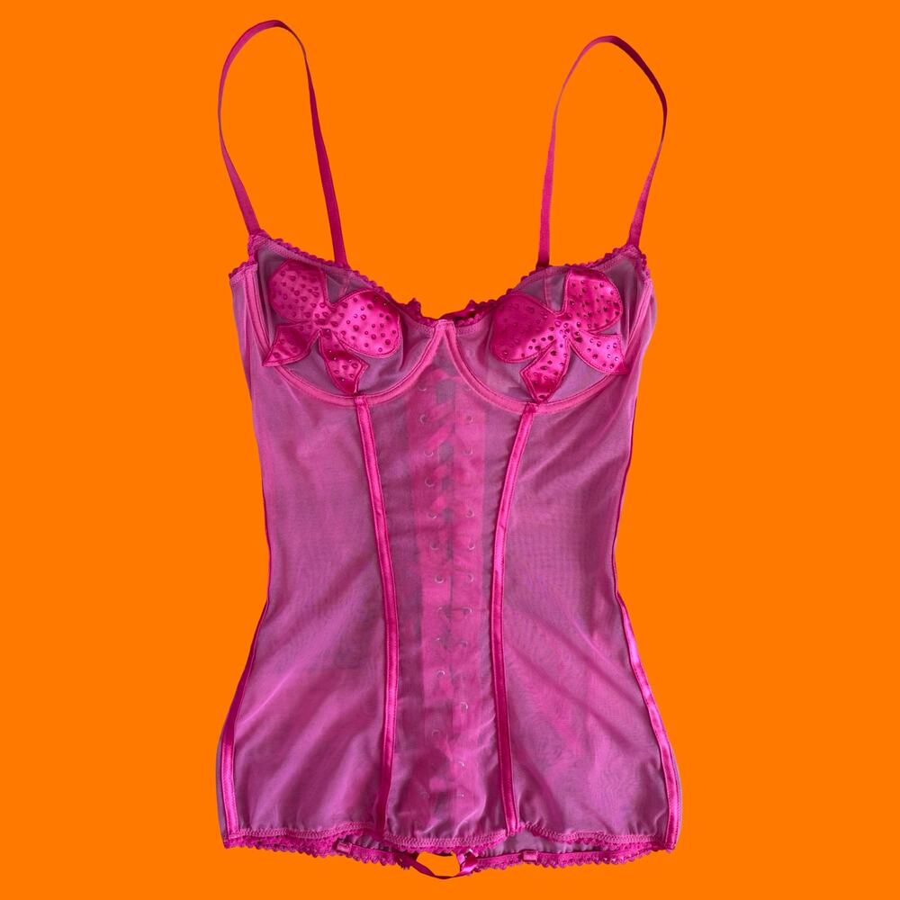 90's 00's vintage hot pink mesh mcbling corset babydoll y2k lingerie bustier L